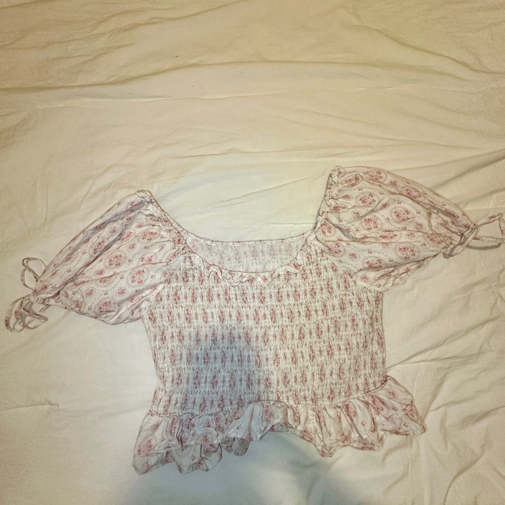 Women’s White Pink Floral Puff Sleeve Top Size 2XL